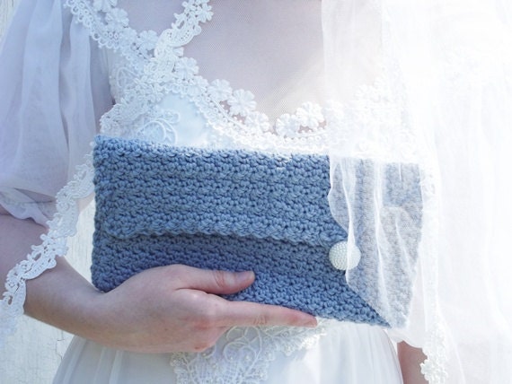 Something Blue Wedding Clutch Hand Crocheted in Country Blue Elegant Luxurious and OOAK