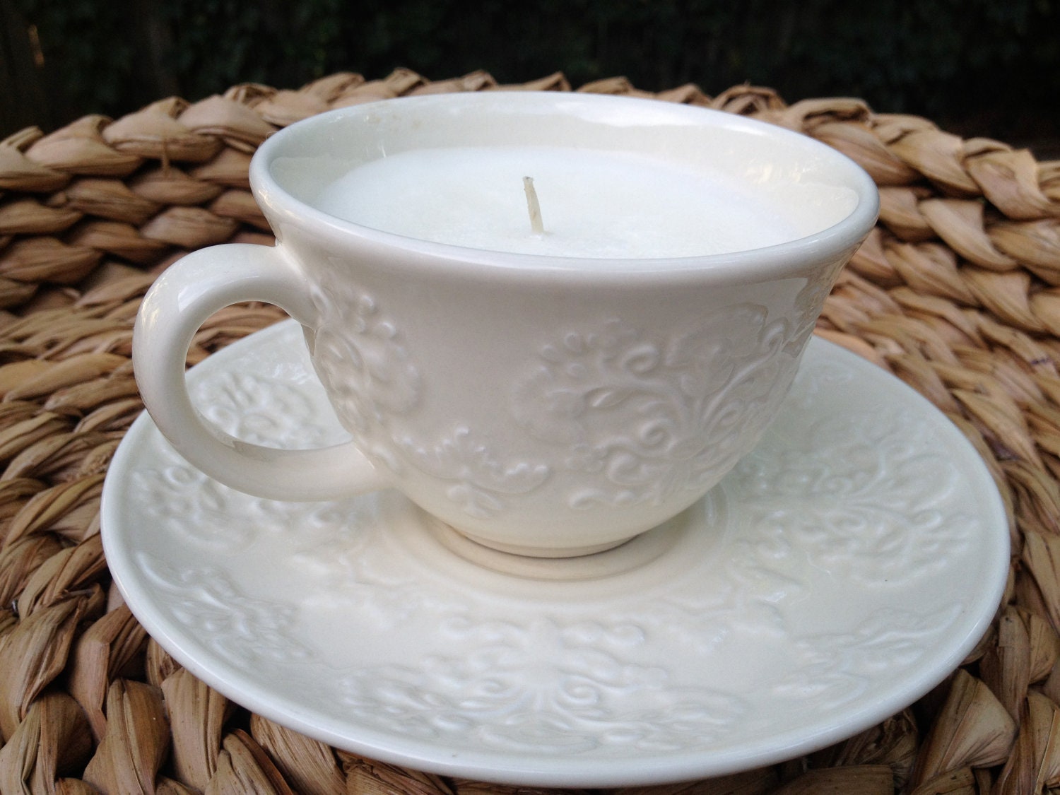 Ivory Damask Tea Cup Candle with Saucer