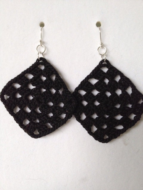 Black Granny Square Crochet Dangle Earrings, Cotton and Sterling Silver