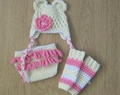 BEAR Ears Baby Crochet Hat with Flower, Nappy DIAPER COVER & Legwarmers , Photo Prop ( 3-6 months , more sizes available ) Custom colours