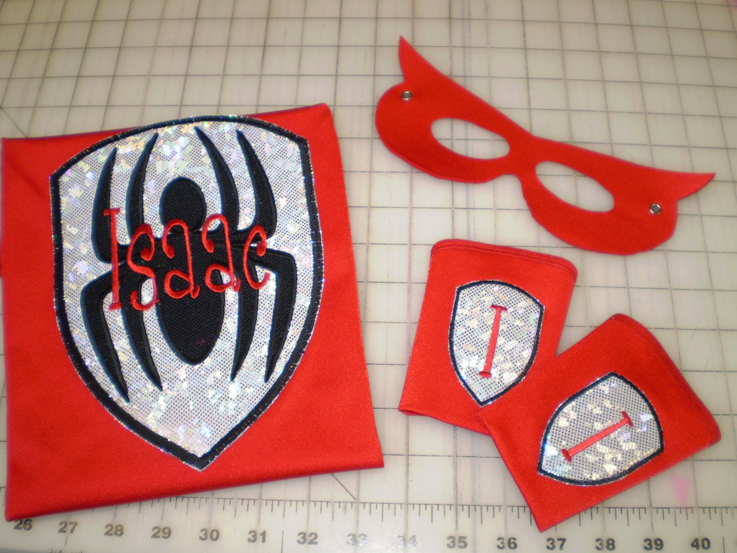 Superhero Cape, Mask and Super Power Cuffs - Spiderman Inspired  - Personalized