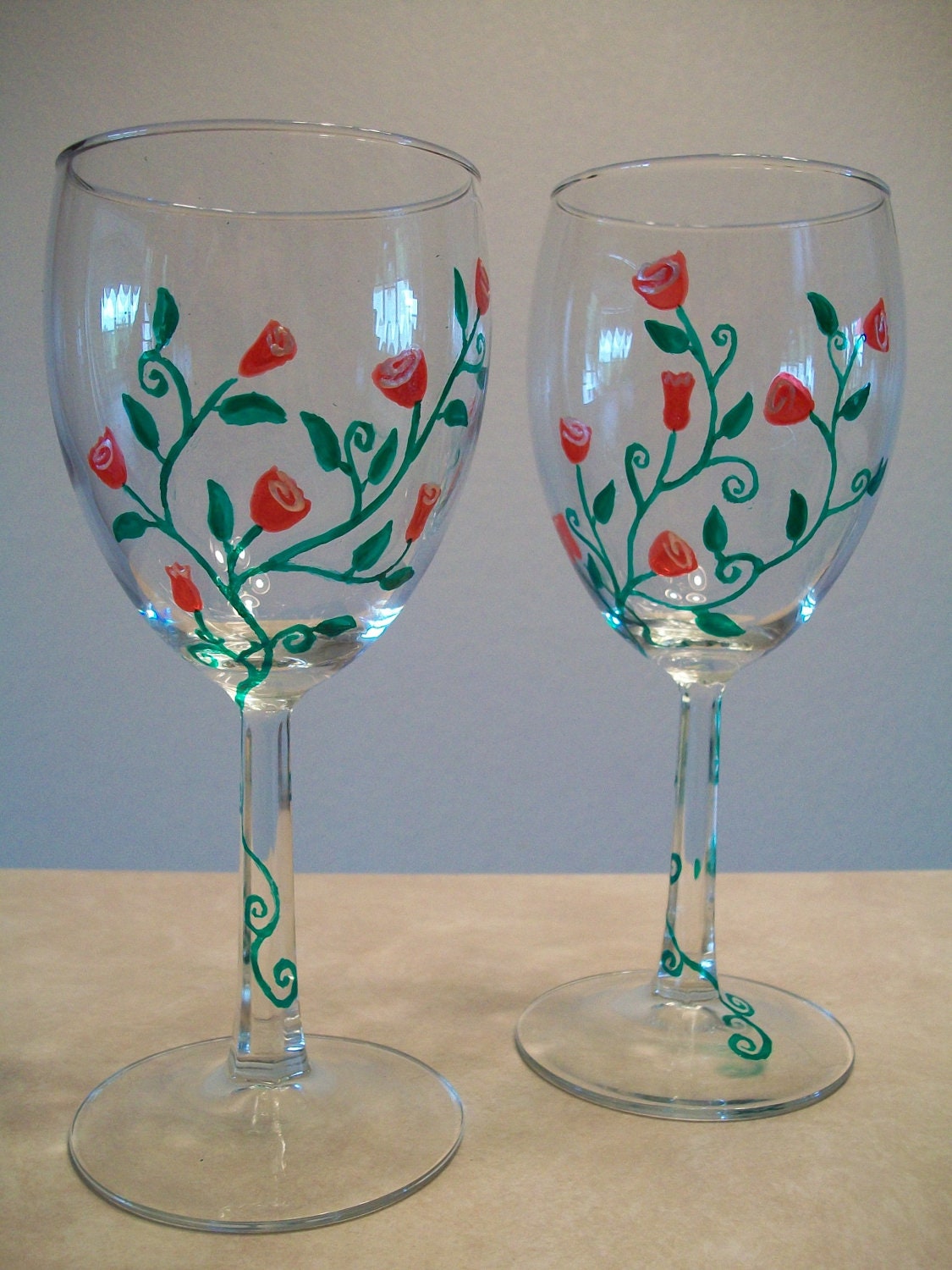 Rose Wine Glasses, Red, Set of 2 Hand Painted