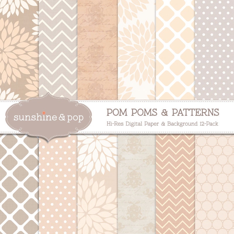 INSTANT DOWNLOAD - Pom Poms and Patterns Digital Paper Pack for scrapbooking, cards, stationary, invitations, and all paper crafts Il_170x135