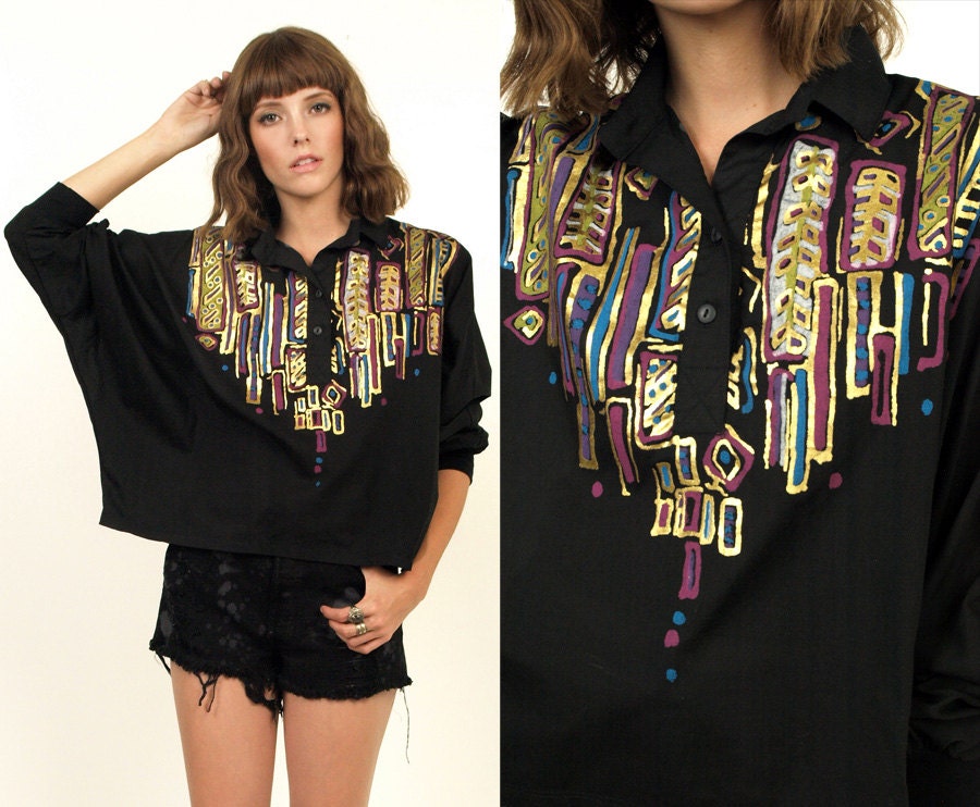 SALE Black METALLIC Ethnic Gold Print Oversized Crop Top Shirt Cotton Vintage 80's