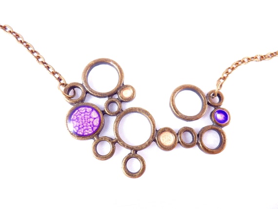 Lavender purple abstract geometric necklace pendtant antique bronze circles round hand painted