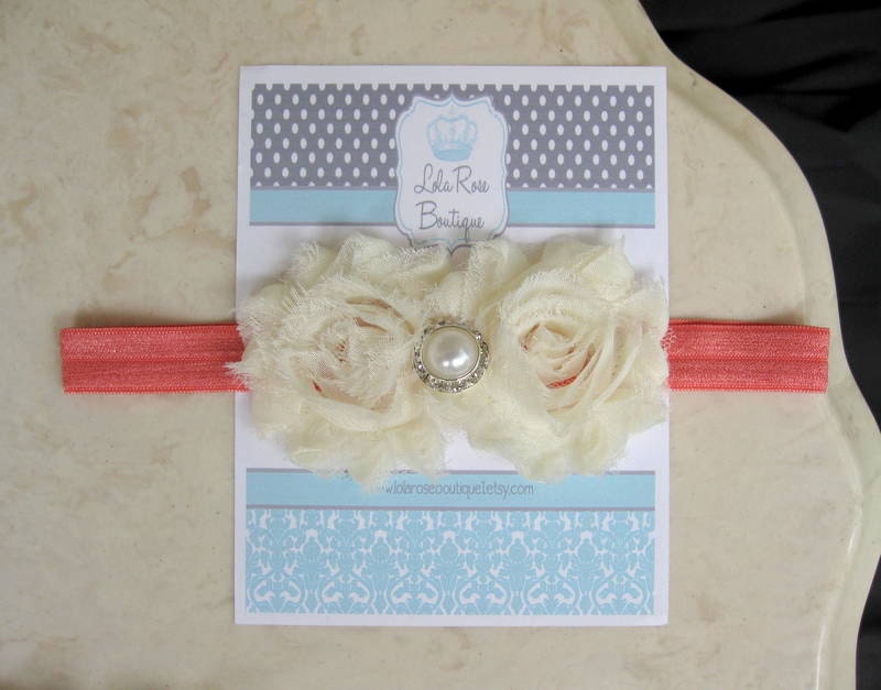 Ivory Shabby Chic Flower Headband-Coral Headband-READY TO SHIP-Baby Hair Bow-Baby Headbands