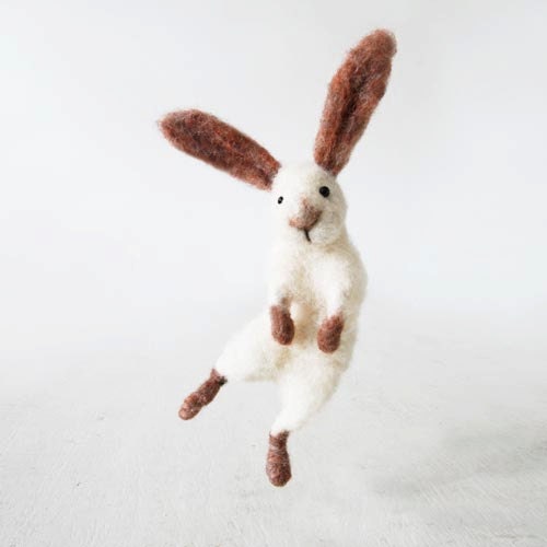 Spring with Sir Hopsalot, white jumping bunny, whimsical art doll from natural sheep wool