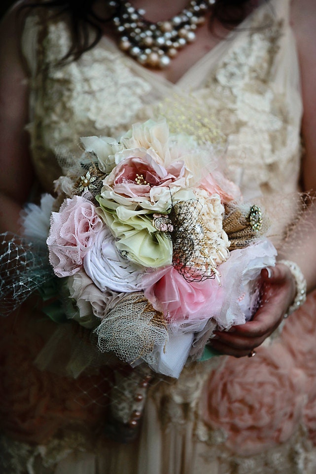 Whimsical Forever Bouquet - Eco, Recycled, Ivory, Pink, Champagne, Burlap, Unique