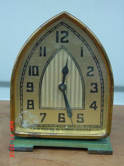 Small CATHEDRAL CLOCK: Vintage Light Green Wind-Up, Unusual GOTHIC Arch Shape, Uncommon