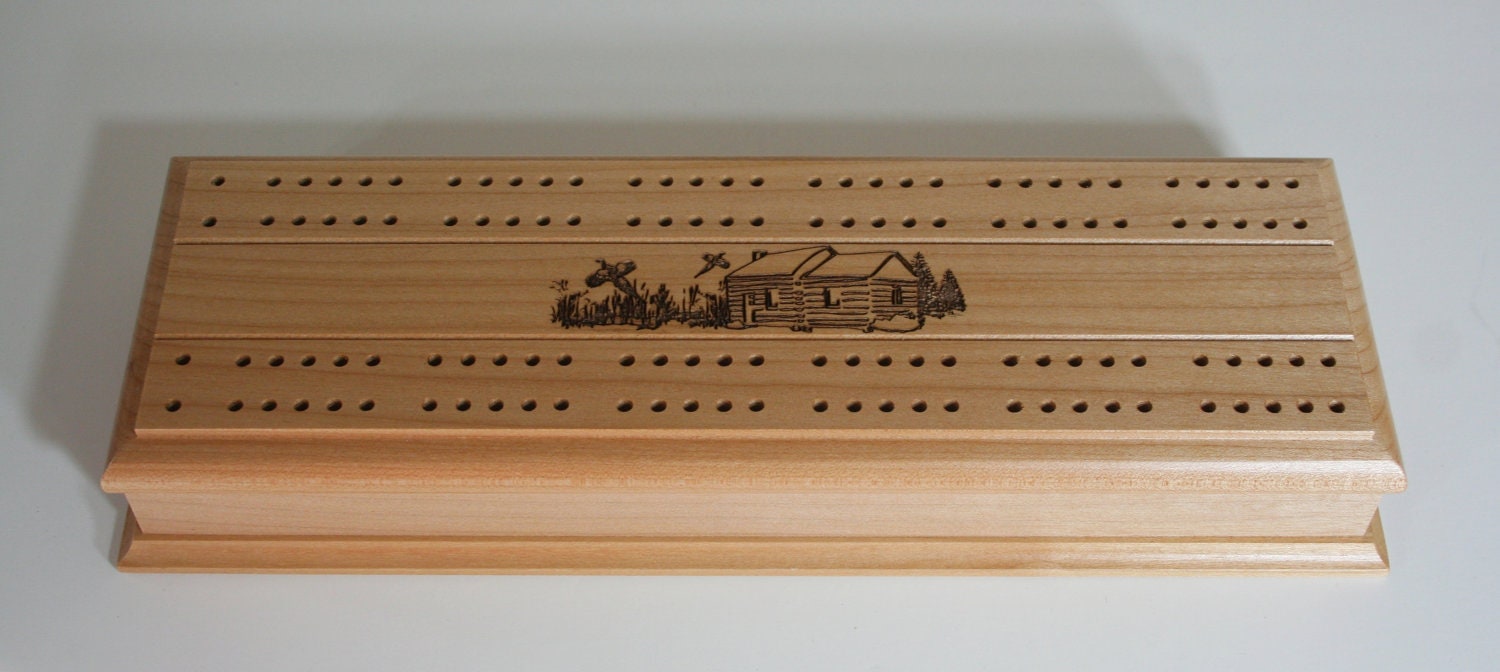 Laser Engraved Solid Maple Cribbage Board with Maple Wood Insert - Cabin and Pheasants