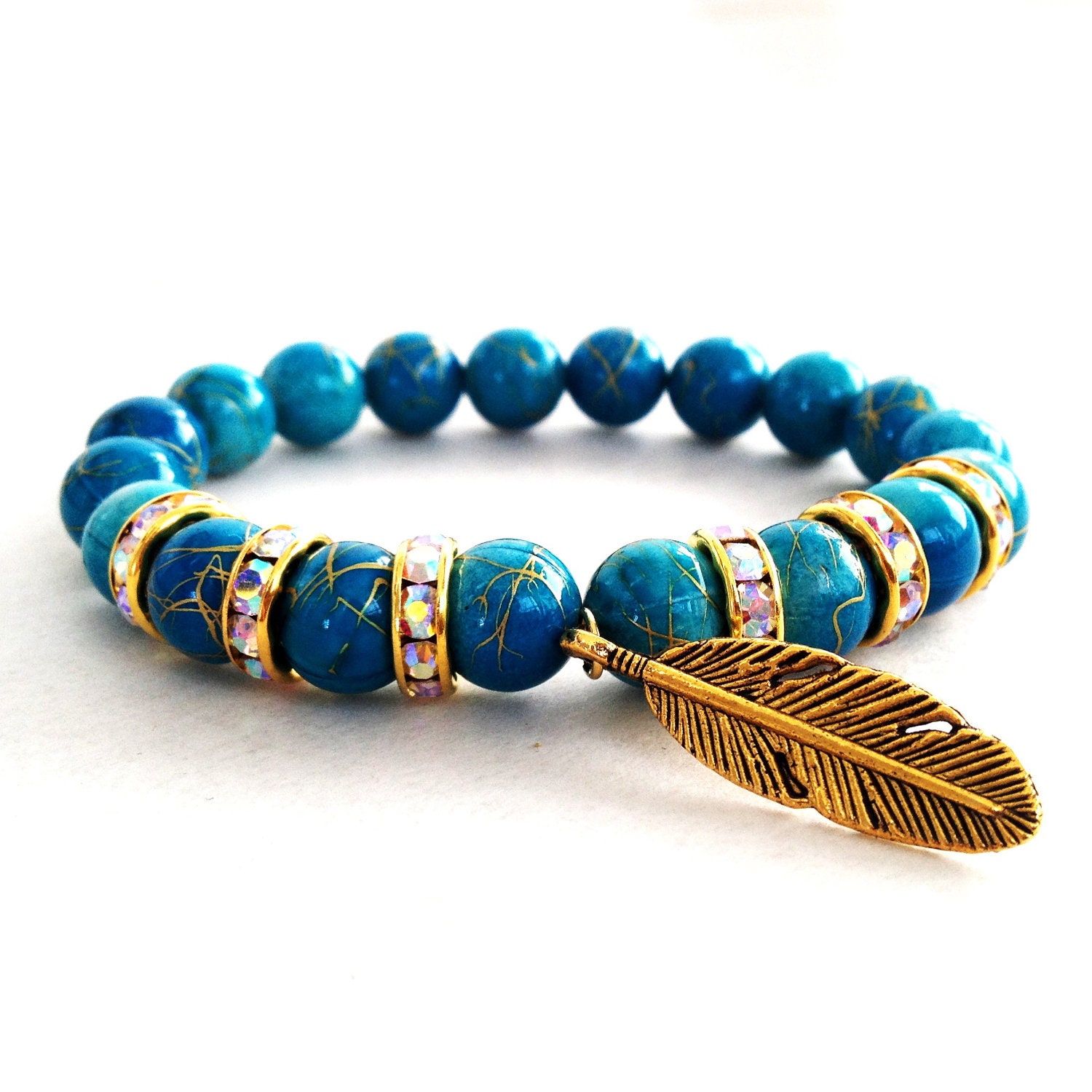 Gold Painted Turquoise Arm Candy Beaded Bracelet with Crystal Rondelles & Lucky Feather Charm