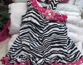 Baby Infant Girls  Zebra Dress Sundress - Handmade Irish Rose - Black and White  with pink polka dot trim - Sizes 6, 9 months,