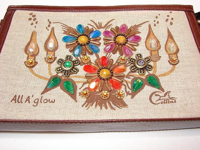 SIGNED ENID COLLINS Clutch Bag-Purse-Handbag-All A' glow Pattern-Creamy Beige Fabric-Brown Leather-Candles-Flowers-Mid Century-1960s