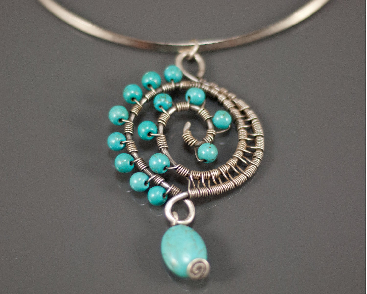 turquoise necklace-turquoise stone-wire wrapped silver plated turquoise necklace-wire wrapped jewelry handmade