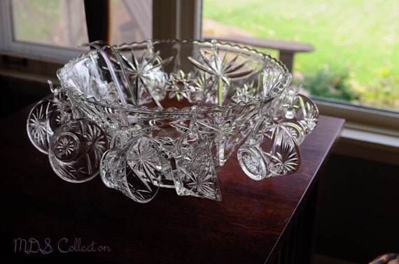 Vintage Pressed Glass Punch Bowl Set by MDSCollection on Etsy