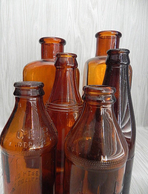 Antique Brown Bottles Set of 6 1910's
