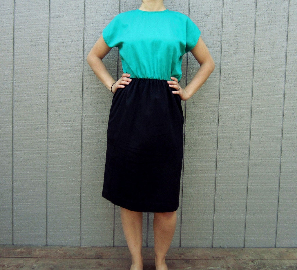 RESERVED - Vintage 1960s simple green and black union-made dress Mad Men style