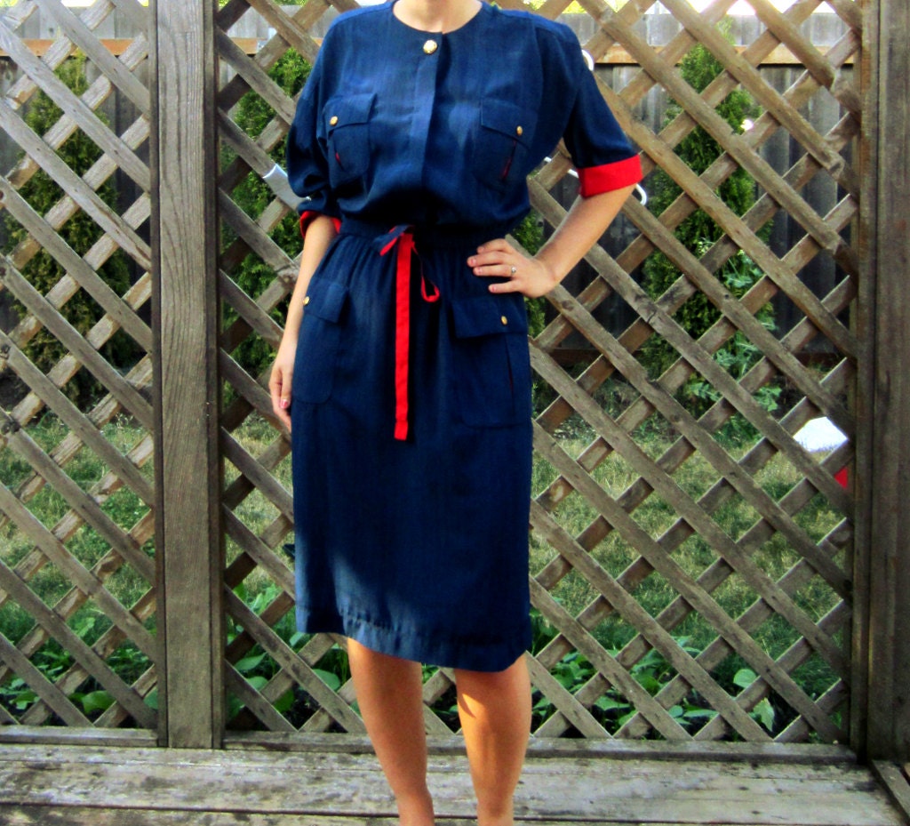1980s Navy blue and red Leslie Fay Collections dress with tie belt