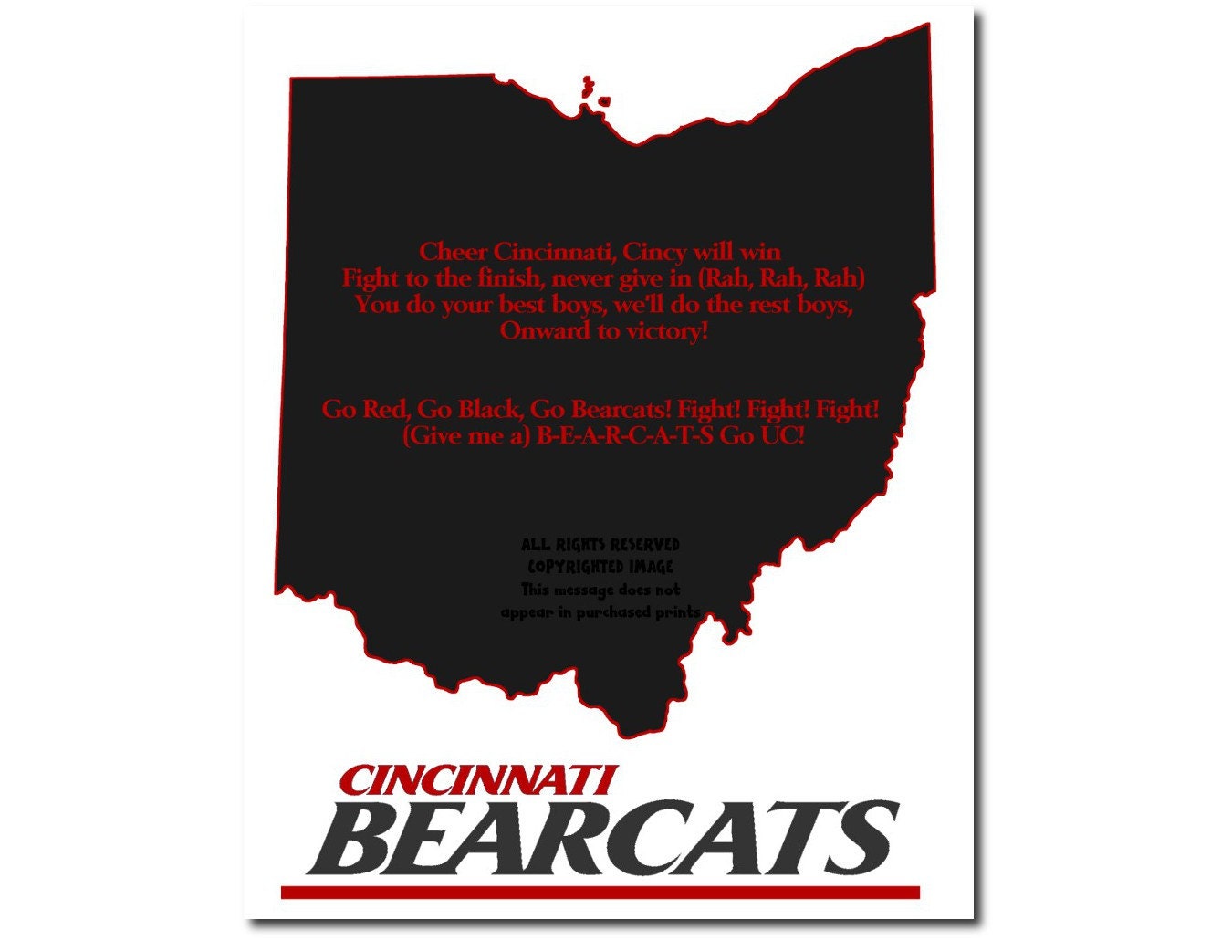 Cincinnati Bearcats Ohio State Map Sports Fight Song Art Print Gift Home Decor Wall Art 8 x 10
