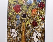 Tree of Life, whimsical print of original mosaic cardboard wall relief
