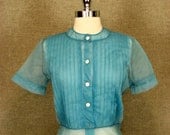 Vintage 1950s Blouse / Blue Sheer Nylon Blouse
