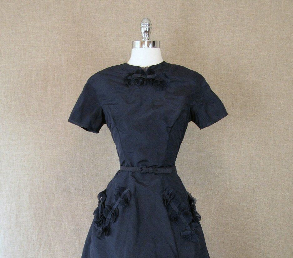 1950s Silk Cocktail Dress / 50s Navy Blue Party Dress