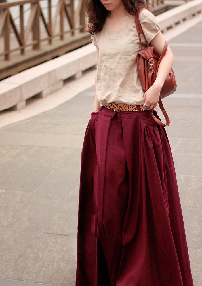 women's Linen cotton Maxi Dress Day dress Sundress red flax Sexy Casual big Pleat big pocket Long Maxi Skirt qz04 S,M,L