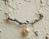 Rustic Branch Necklace - Organic, Simple Jewelry, Oxidized Branch Pendant, Fresh Water Pearl on Sterling Silver by Onlysimple