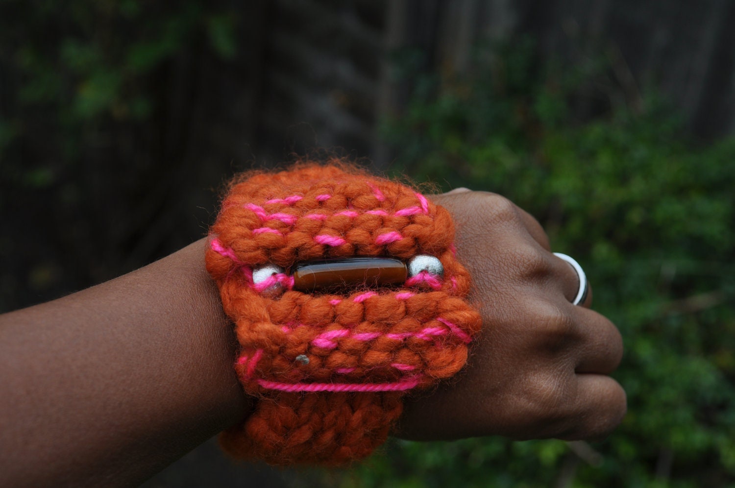 Beyonce Knitted Bracelet, Wristband, Cuffs or Bangle Amber Silver Beads Orange Pink Wool Handmade Jewellery Ideal Gift for Stylish Women