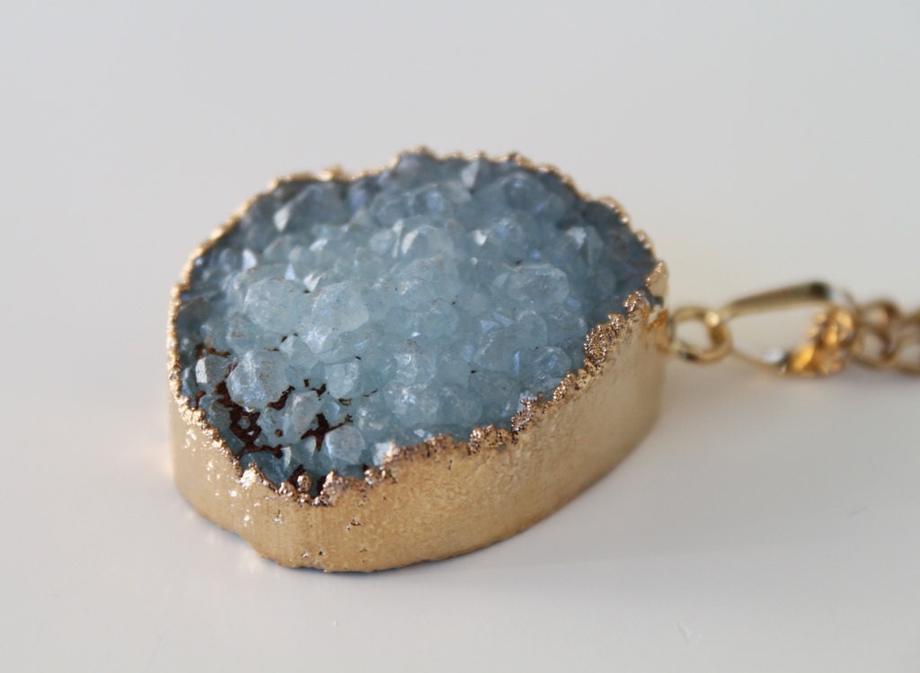SALE 15% Chocolate Blue Druzy Necklace. Natural Agate Druzy Pendant. Unique Gold Dipped Point Necklace. Long Gold Chain Necklace.