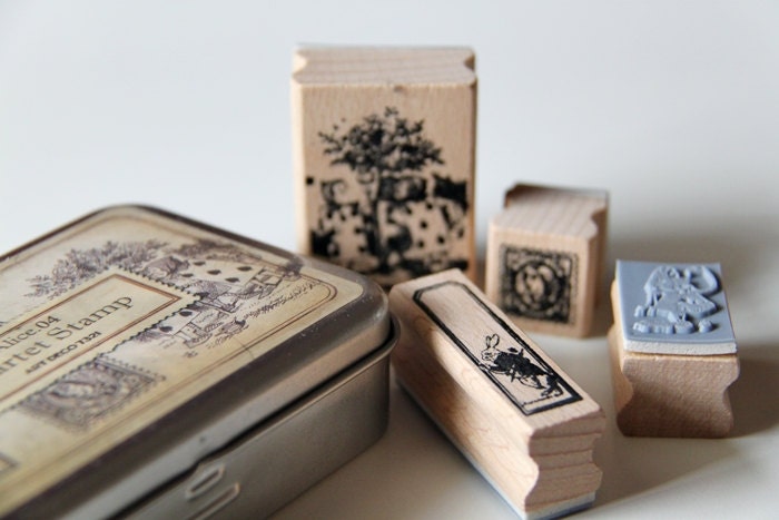 Alice in Wonderland Wooden Rubber Stamps Set 4- Scrapbooking. Cardmaking. Tag Making. Fairy Tale. Vintage Style