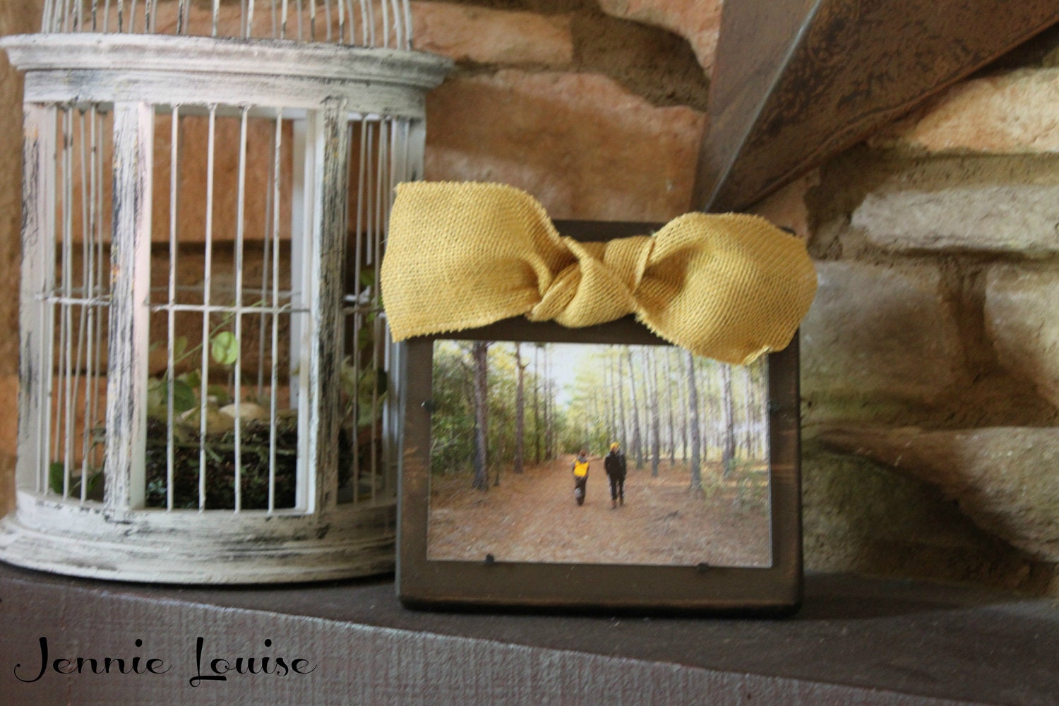Brown Distressed Wooden Frame with a Yellow Burlap Bow