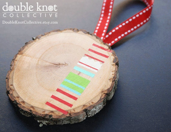 Hand-Painted Christmas Tree Ornament - Wood Slice - Geometric