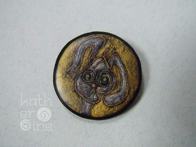 Crazy rabbit unique round brooch made of FIMO polymer clay