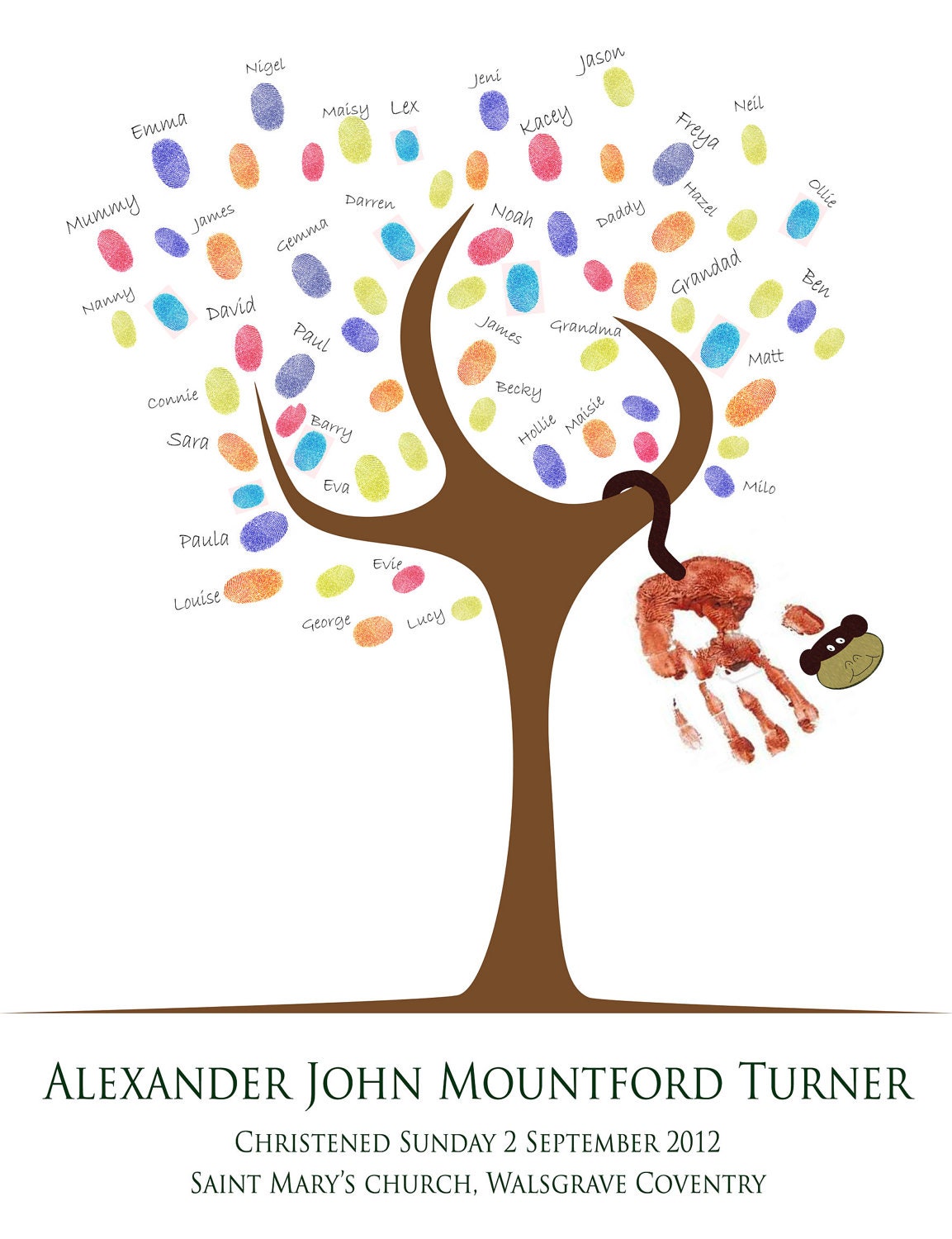PDF file of personalised A3 family tree keepsake - handprint monkey with fingerprint guestbook - ideal Christening / Birthday present