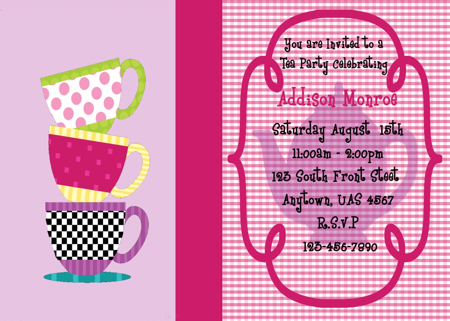 SALE 20% Customizable Party invitation for Girls birthday party - Stacked Tea Cup Invitation