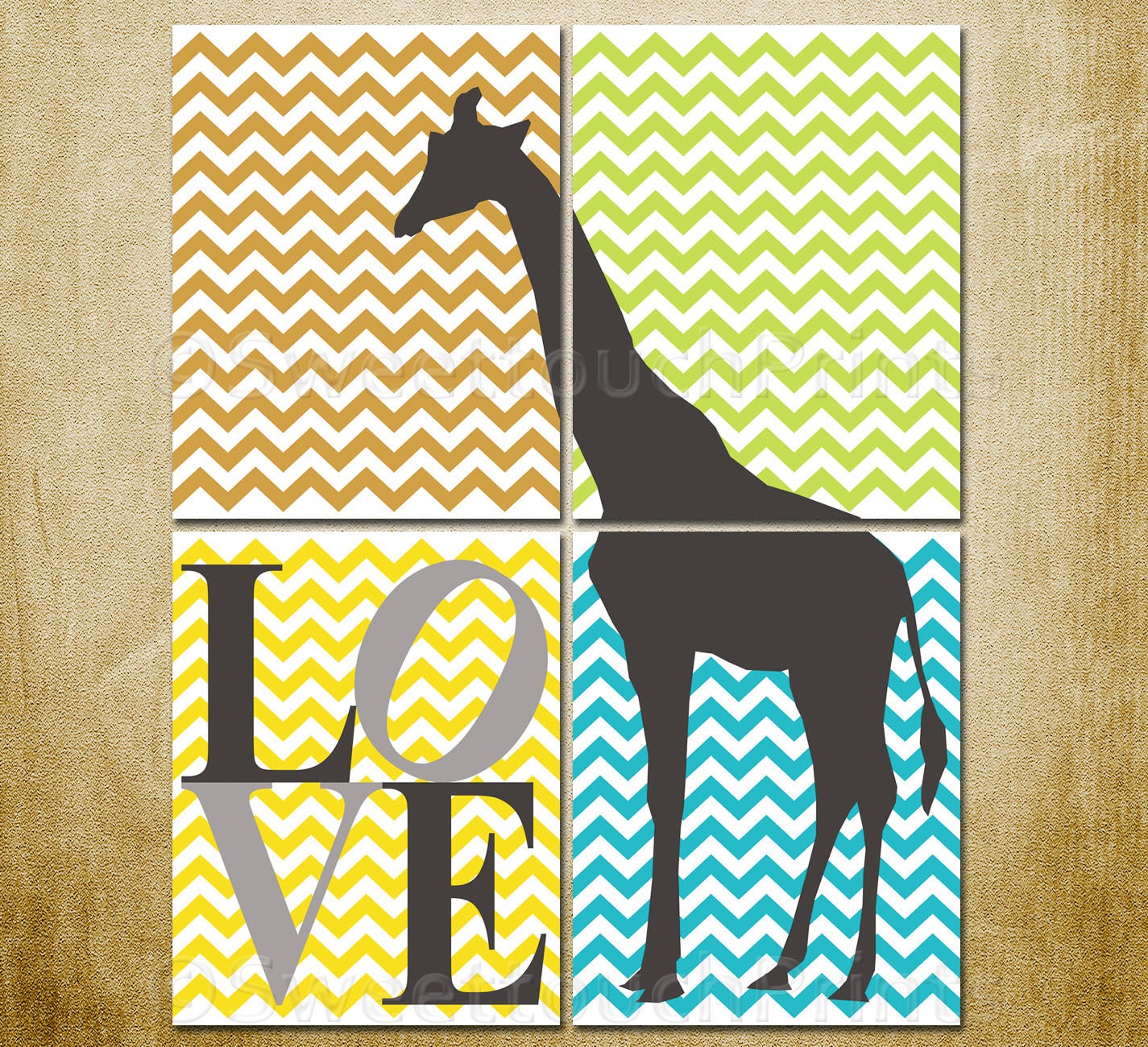Giraffe LOVE nursery print set - yellow grey brown aqua olive - set of four 11x14 - chevron, playroom decor - custom colors