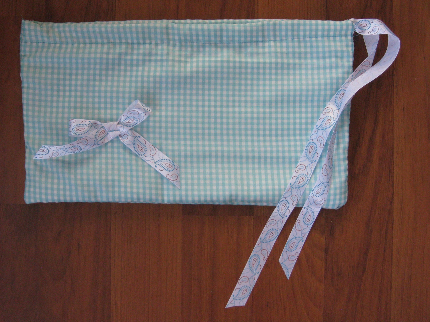 Reusable Gift Wrap with Blue Gingham and Colorful Drawstring Ribbon