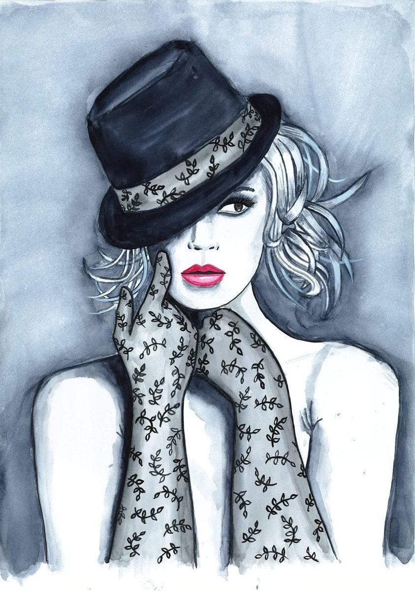 Print from Original Watercolor Fashion Illustration Modern Art Painting titled Playful Hat