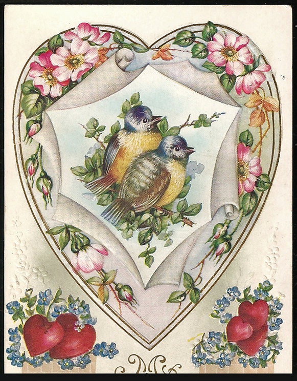 Valentine Antique Postcard Lovebirds My Heart's Desire 1912 Embossed PC From Grace to Elizabeth
