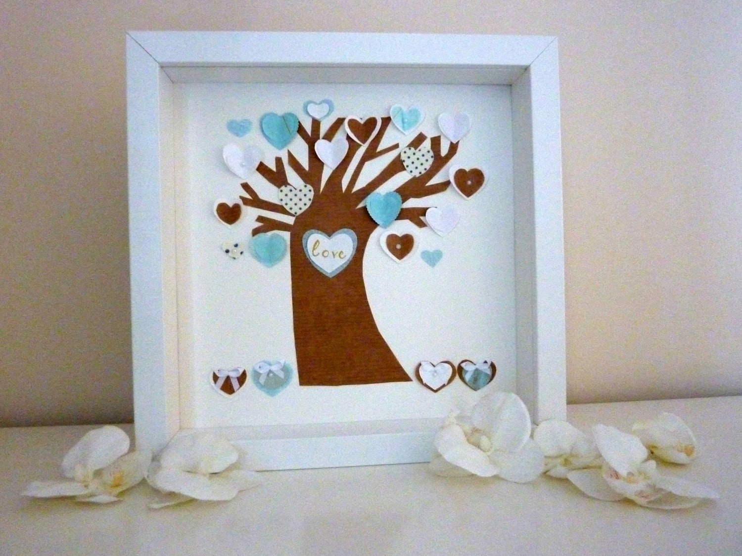 Personalized hearts tree, fabric and paper handmade picture, gift for wedding/ new baby - CreatedWithLoveuk