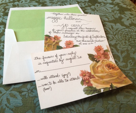 Paper Roses and Gold Leaf Wedding Invitation Suite- Decoupaged with Custom Calligraphy (Deposit)