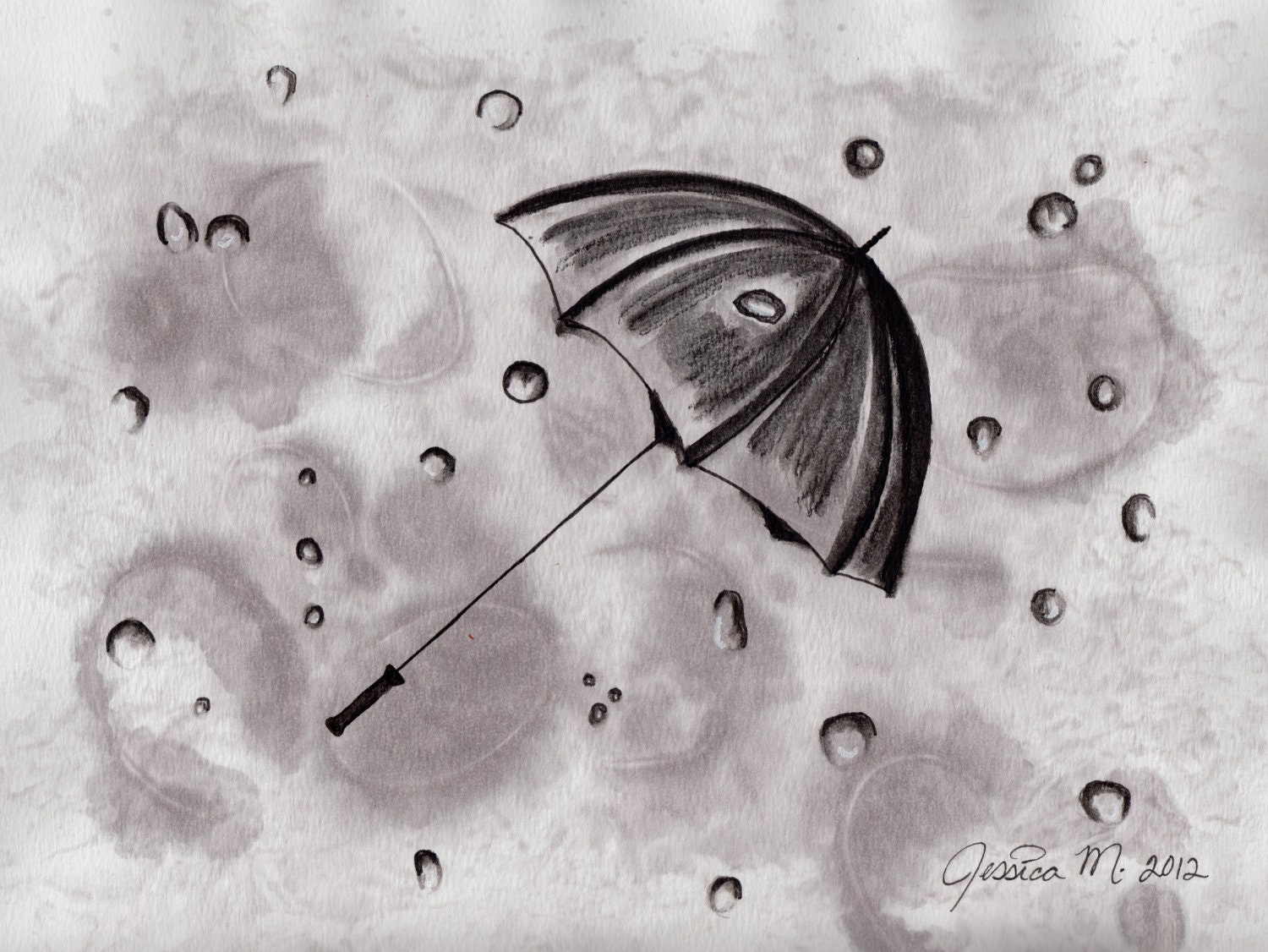 SALE Original "Umbrella Rain" 8.5 x 11 in  Drawing In Watercolor Pencil and Ink