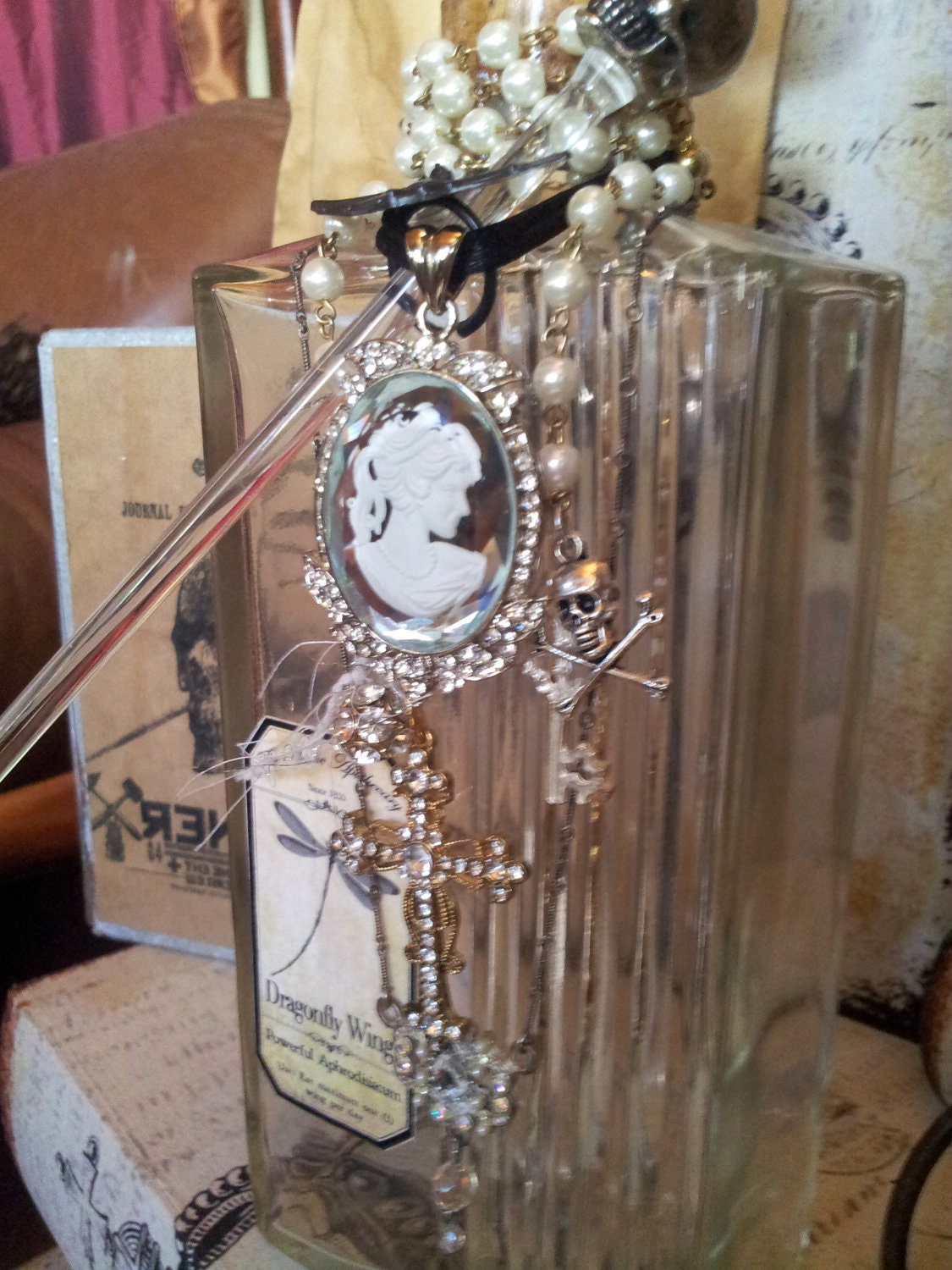 Gothic Artisan Magic Potion Skull " ROYAL TEMPTRESS"  Apothecary Display Embellished Handmade Bottle