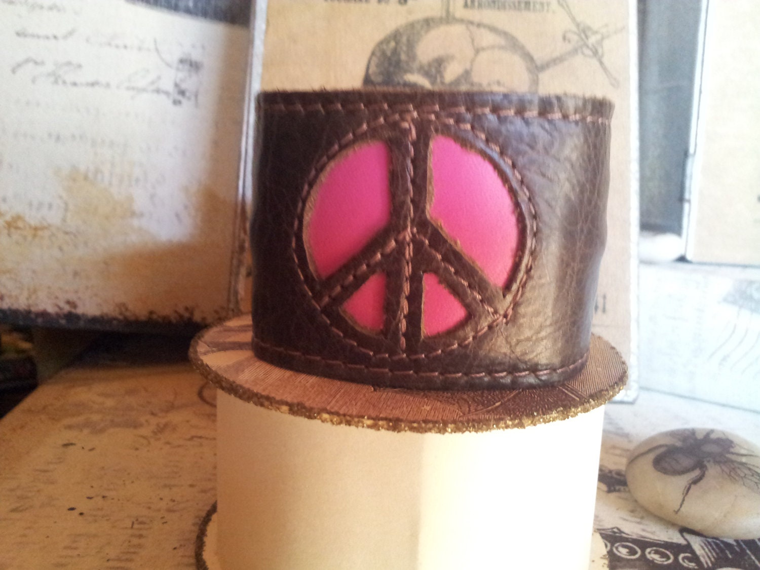 Handmade Cut Out PINK PEACE SIGN Leather Adjustable Snap Cuff Bracelet