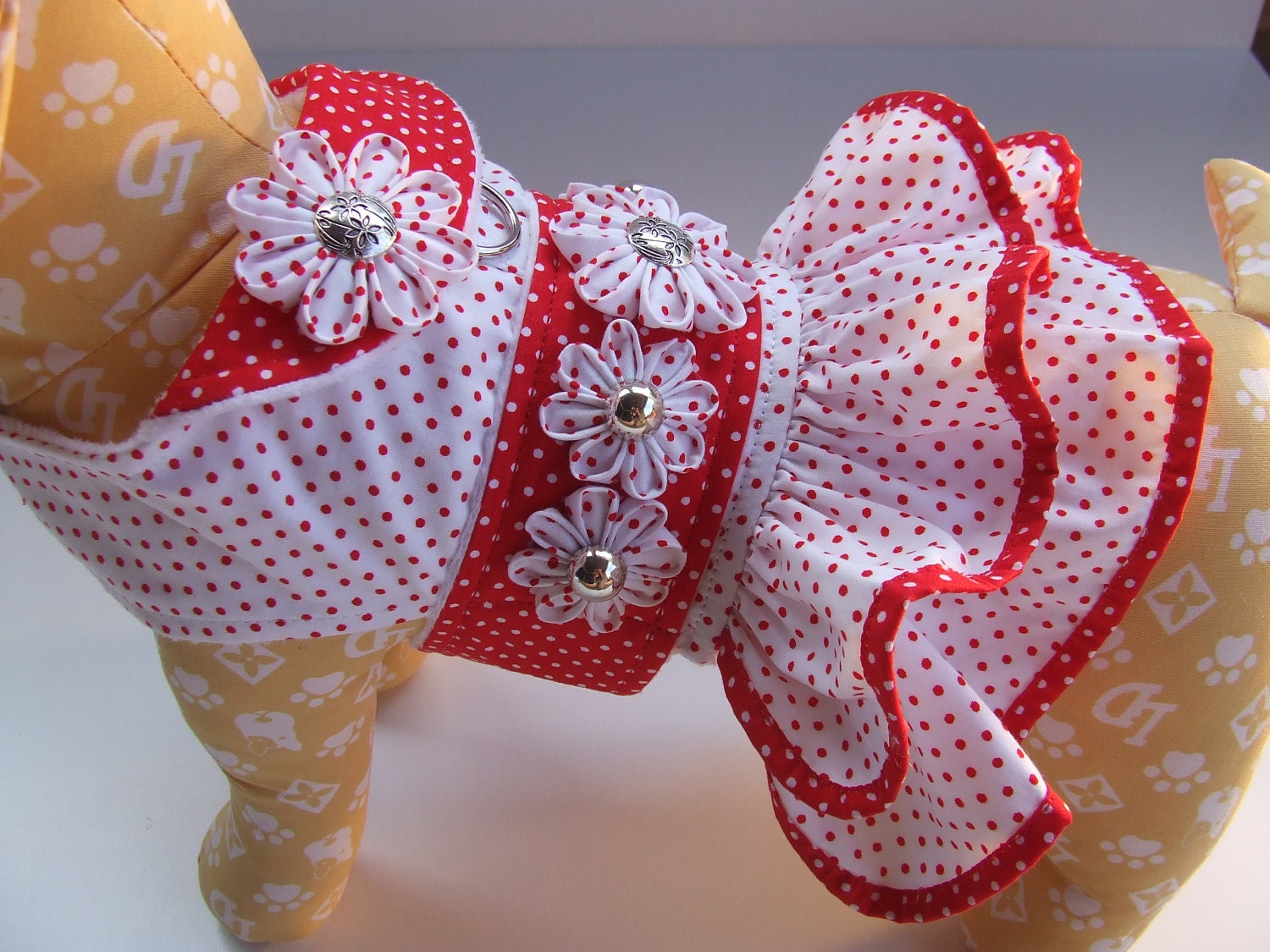 dog dress red and white polka dot retro handmade flowers fully lined d-ring handmade