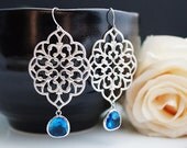 Everyday wear jewelry Dangle Earrings Matte rhodium plated oriential charm with Capri Blue Glass Drops earrings gifts for her