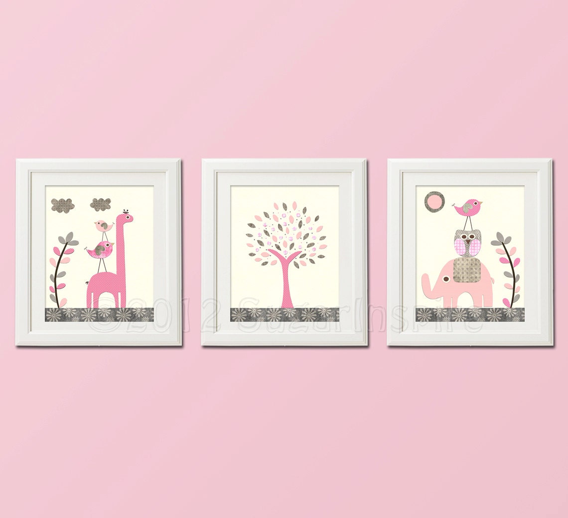Pink and grey Nursery Art Print Set, Kids Room Decor, Baby/Children Wall Art - Tree, Elephants, BABY Elephant,Giraffe, family