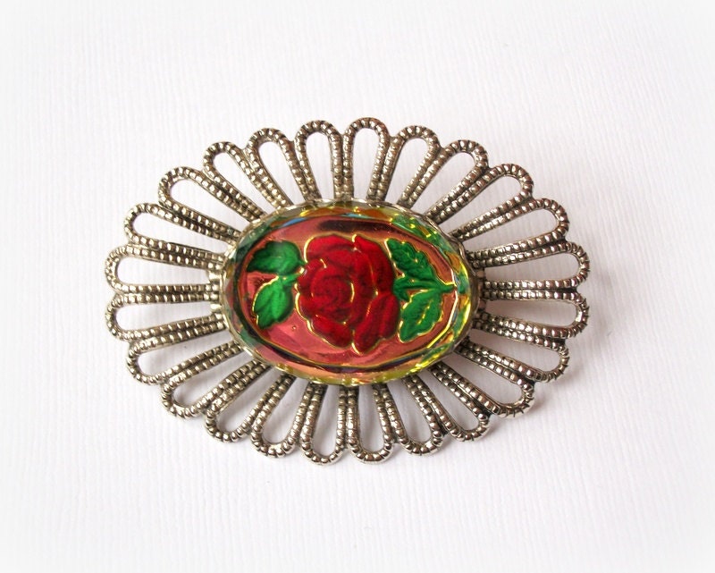 Vintage Brooch Beveled Red Flower Rose Unique Oval Foil Pin Vintage Brooch UnSigned Jewelry