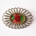 Vintage Brooch Beveled Red Flower Rose Unique Oval Foil Pin Vintage Brooch UnSigned Jewelry